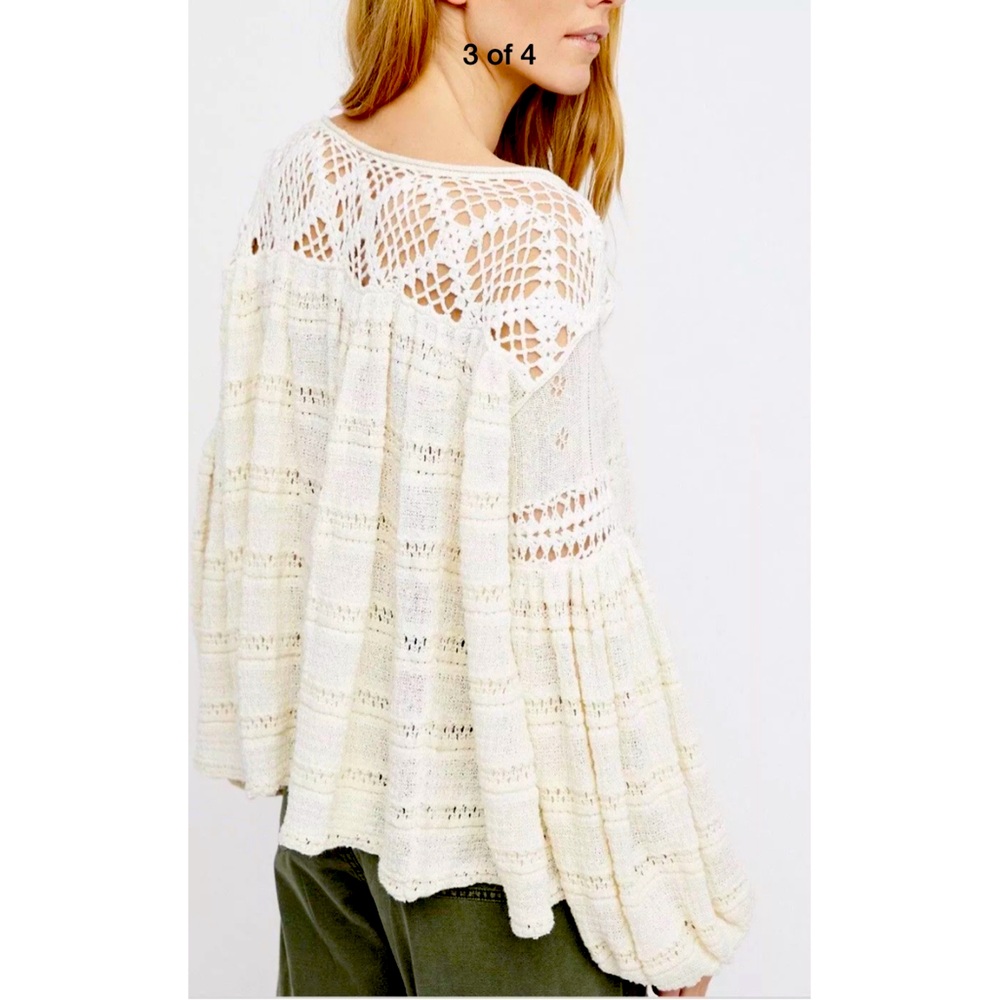 Free people knit sweater top with crochet inserts cream Large - Picture 3 of 12